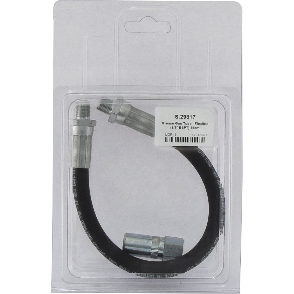 A heavy-duty, flexible grease gun tube, 30 cm (11.8 inches) long with a 1/8'' BSPT, is packaged in a clear plastic case with a label that reads "Sparex Part No.S.29817" and barcode.