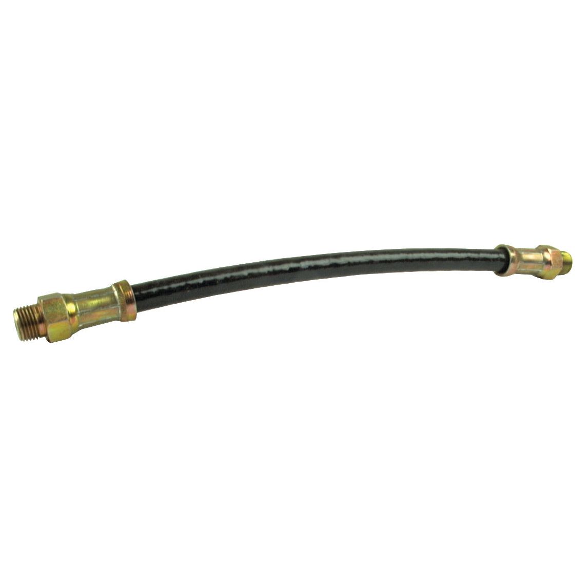 The Sparex Grease Gun Tube - Flexible (1/8'' BSPT) 45cm, featured under Part No. S.2899, is a black flexible hose equipped with metal connectors at both ends. It is ideal for hydraulic or pneumatic systems and includes a 1/8'' BSPT fitting, making it perfect for use as a grease gun tube.
