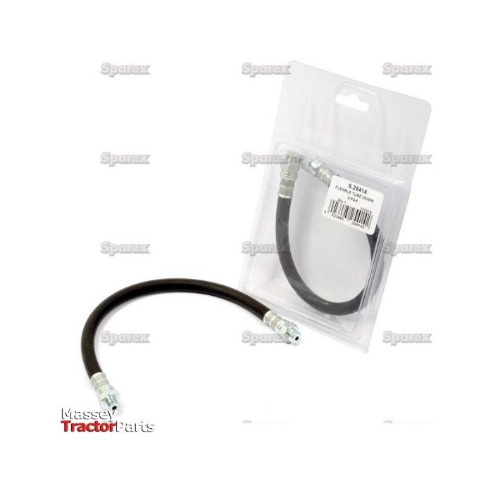 Image of a black, heavy-duty flexible hydraulic hose with metal connectors at both ends, shown alongside its packaging. The packaging displays product information and the Sparex logo. The product name is "Grease Gun Tube - Flexible (M10) 30cm If packaged (1 pc. Agripak)" and its Sparex Part Number is S.25414.