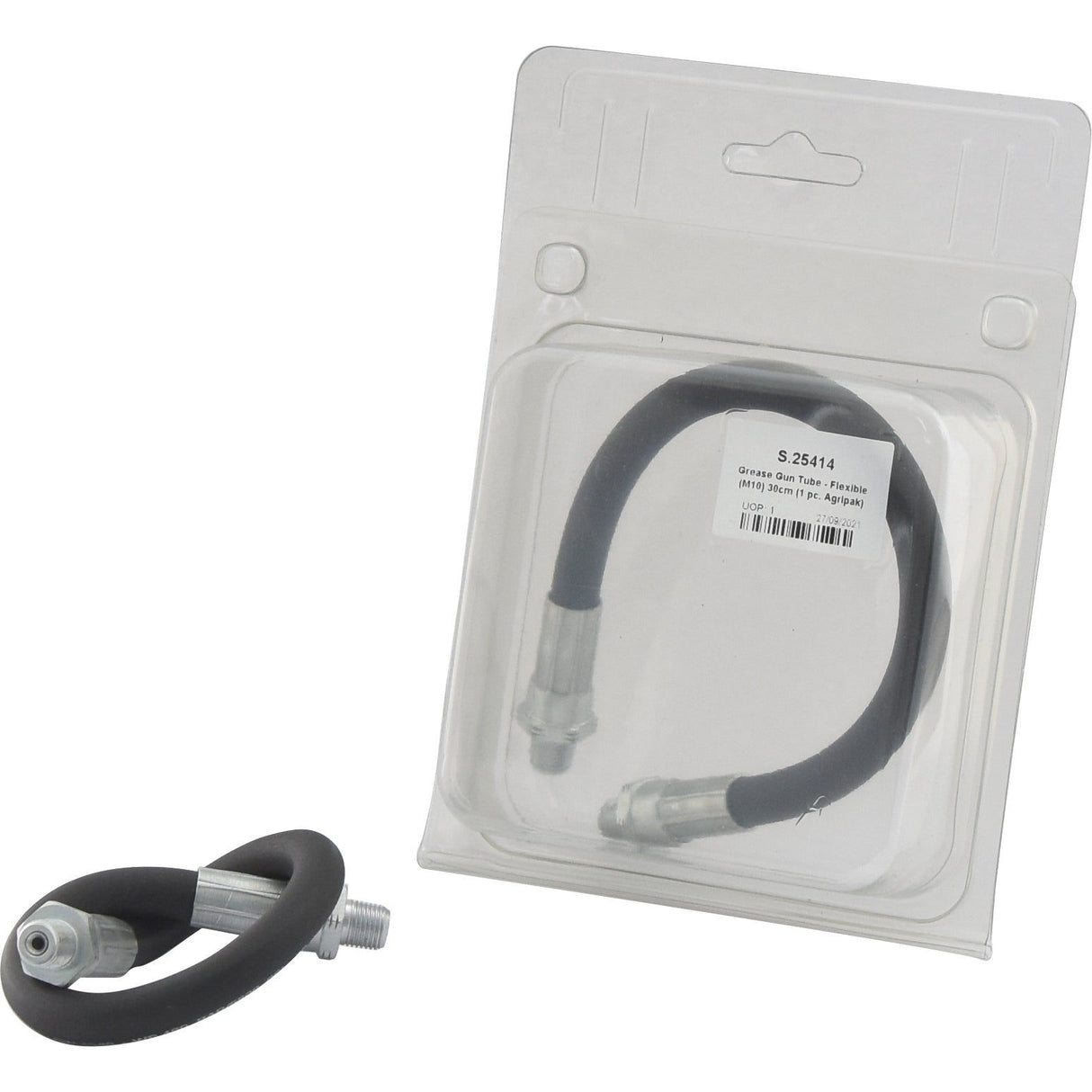 Image of a black, heavy-duty flexible hose with metal fittings, both packaged and displayed outside of a clear plastic packaging. The packaging features a white label with text and a barcode. The Sparex Grease Gun Tube - Flexible (M10) 30cm (Sparex Part No.S.25414) is designed for durability and reliability in various applications.