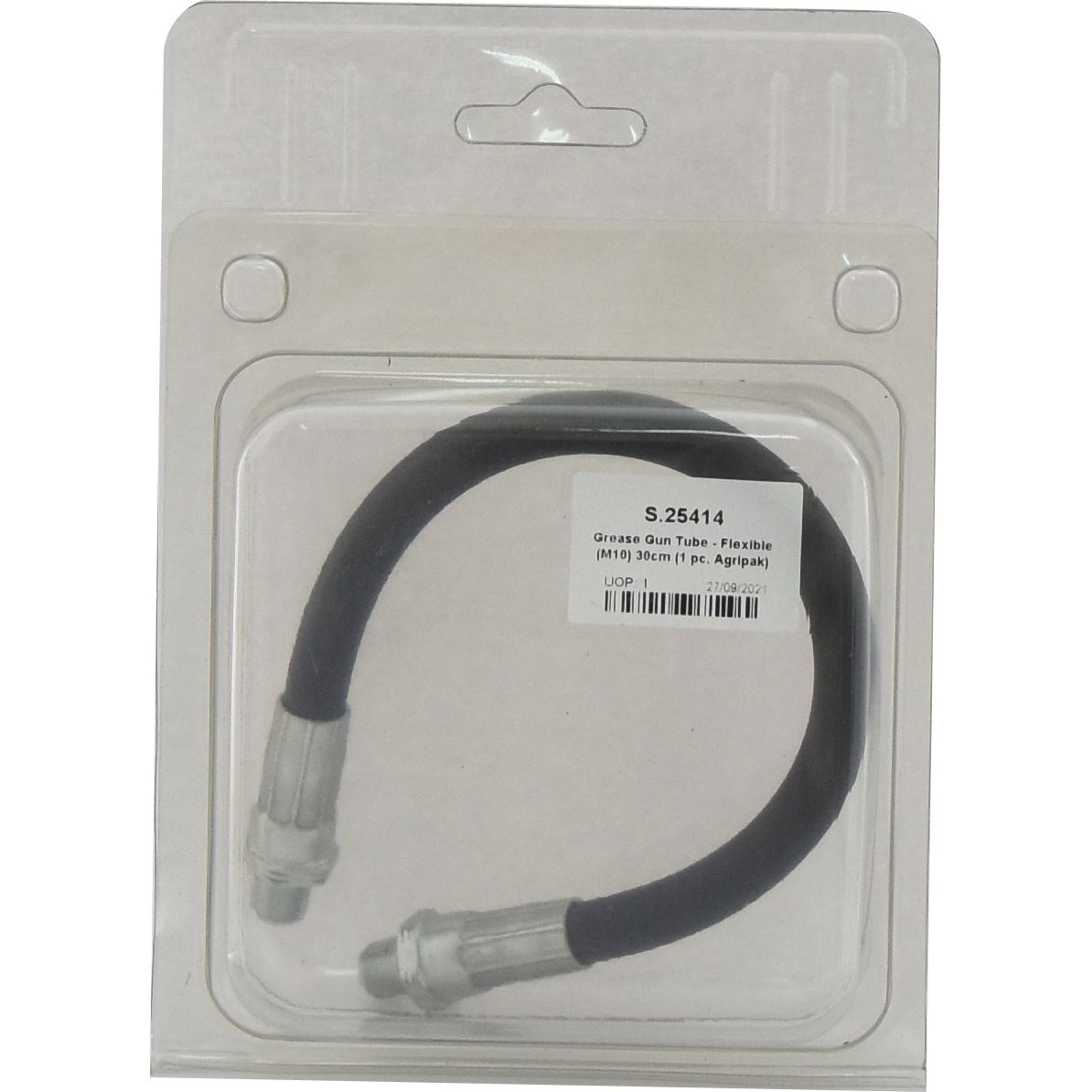 A heavy-duty flexible grease gun tube with metal connectors, labeled "S.25414" and "Grease Gun Tube - Flexible (M10) 30cm If packaged (1 pc. Agripak)", from the Sparex brand.