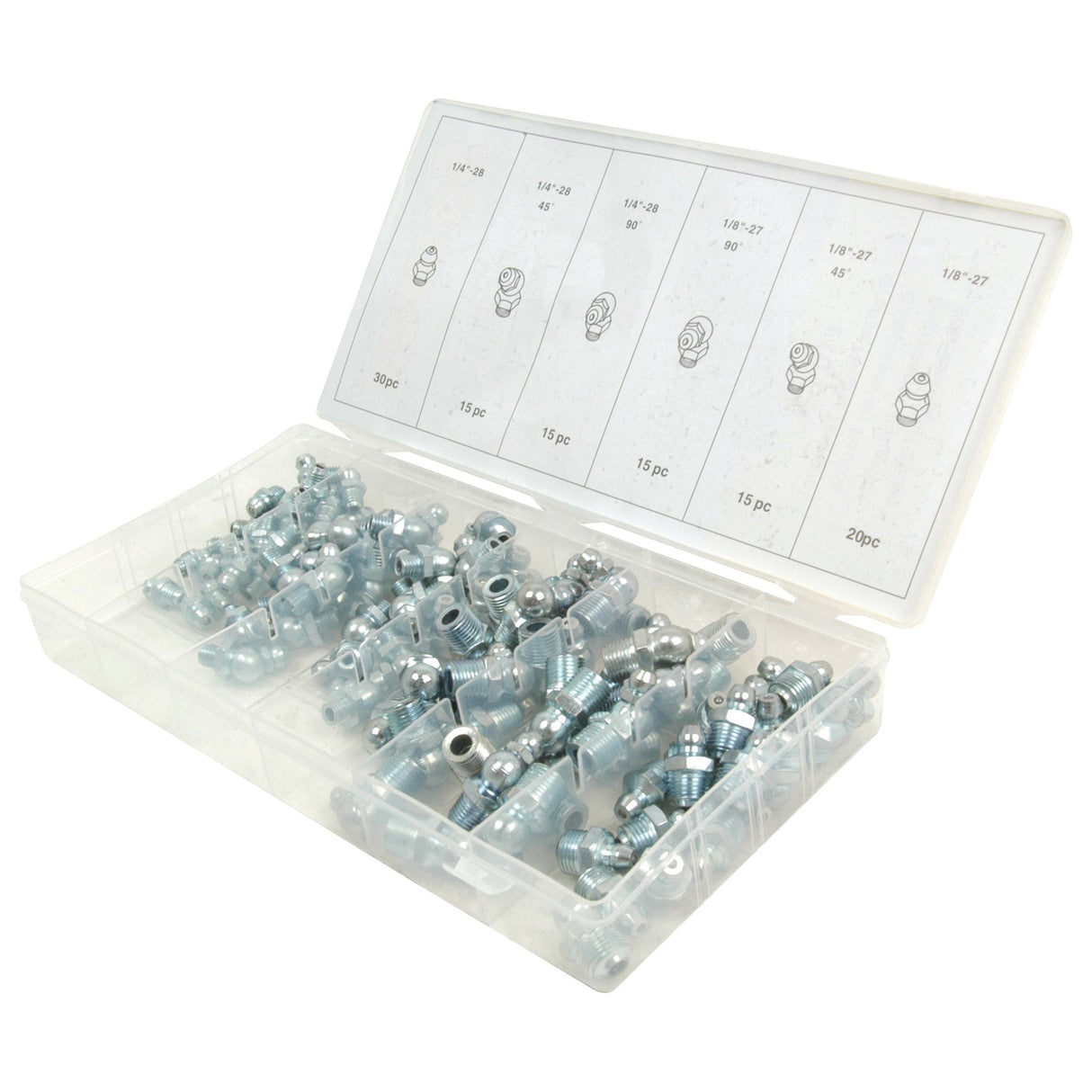 A plastic storage box containing 110 various metal grease nipples is open, revealing multiple compartments with neatly organized fittings and a chart on the lid showing product specifications. The brand name "Sparex" is subtly embossed on the side, emphasizing quality and detailed sizes for easy reference. The product is known as the Grease Nipple Assortment - Imperial (Sparex Part No. S.29896).