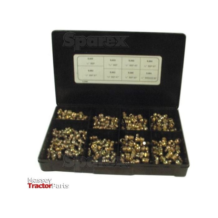 A black organizer box containing multiple compartments filled with small brass BSF and BSP fittings, labeled "Sparex" as "Grease Nipples - Imperial (Handipak - 185 pcs.) | Sparex Part No.S.2846," perfect for any Handipak system.