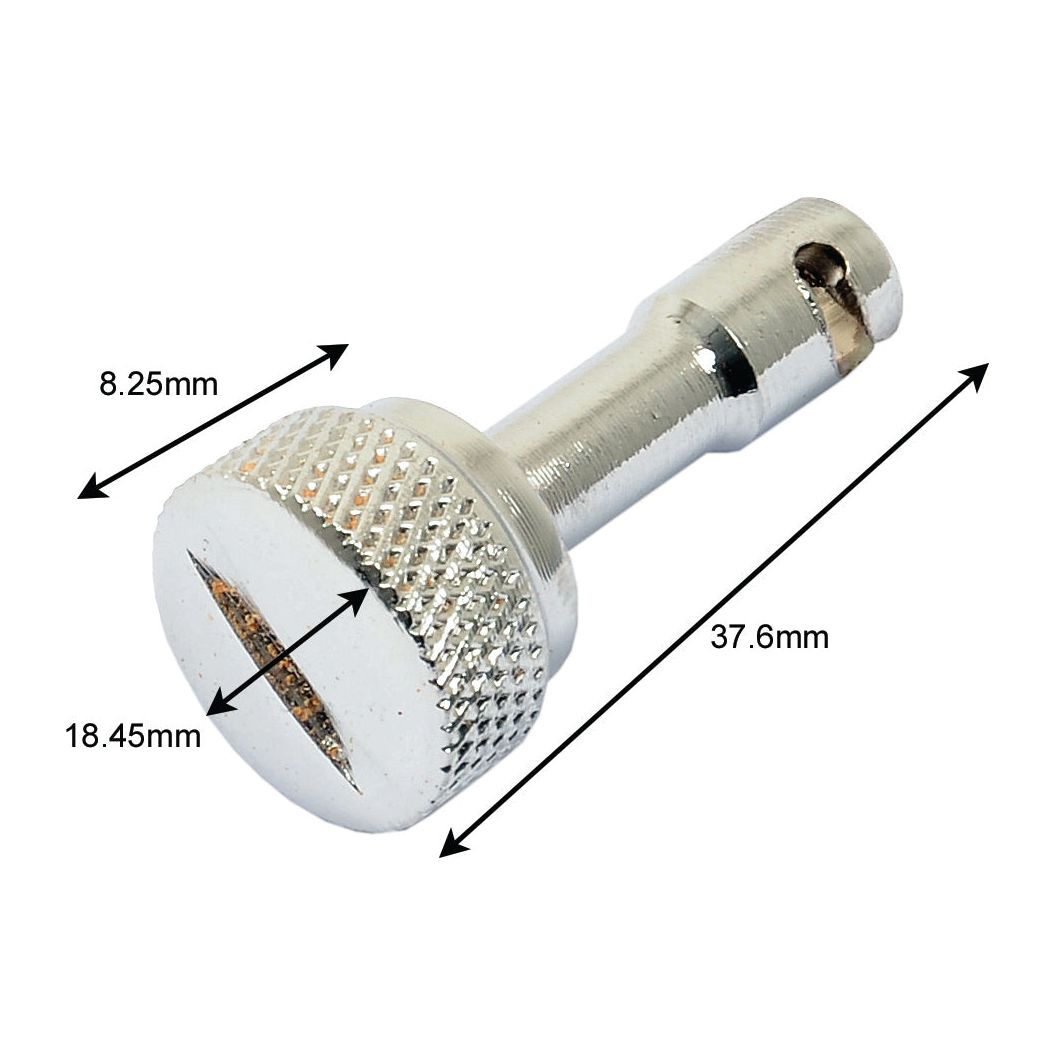 A metal fastener with a slotted head, knurled sides, and dimensions of 8.25mm, 18.45mm, and 37.6mm indicated; ideal for use as a Grille Knob on Case IH tractors (Sparex Grille Knob | Sparex Part No.S.68243).