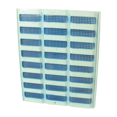 The Sparex Grille - Lower (Part No. S.60633) is a rectangular, blue-and-white air filter featuring multiple slots and a grid pattern, specifically designed for ventilation systems. This component is compatible with Ford New Holland machinery, ensuring optimum airflow efficiency.