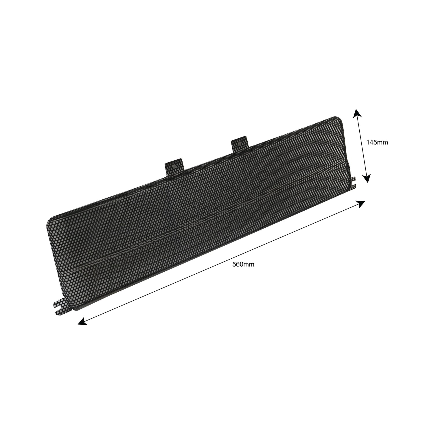 The Sparex Grille - Lower, also known as Sparex Part No. S.67660, is a black mesh sunshade measuring 560mm in width and 145mm in height with attachment hooks at the top, ideal for use on Case IH / International Harvester models.