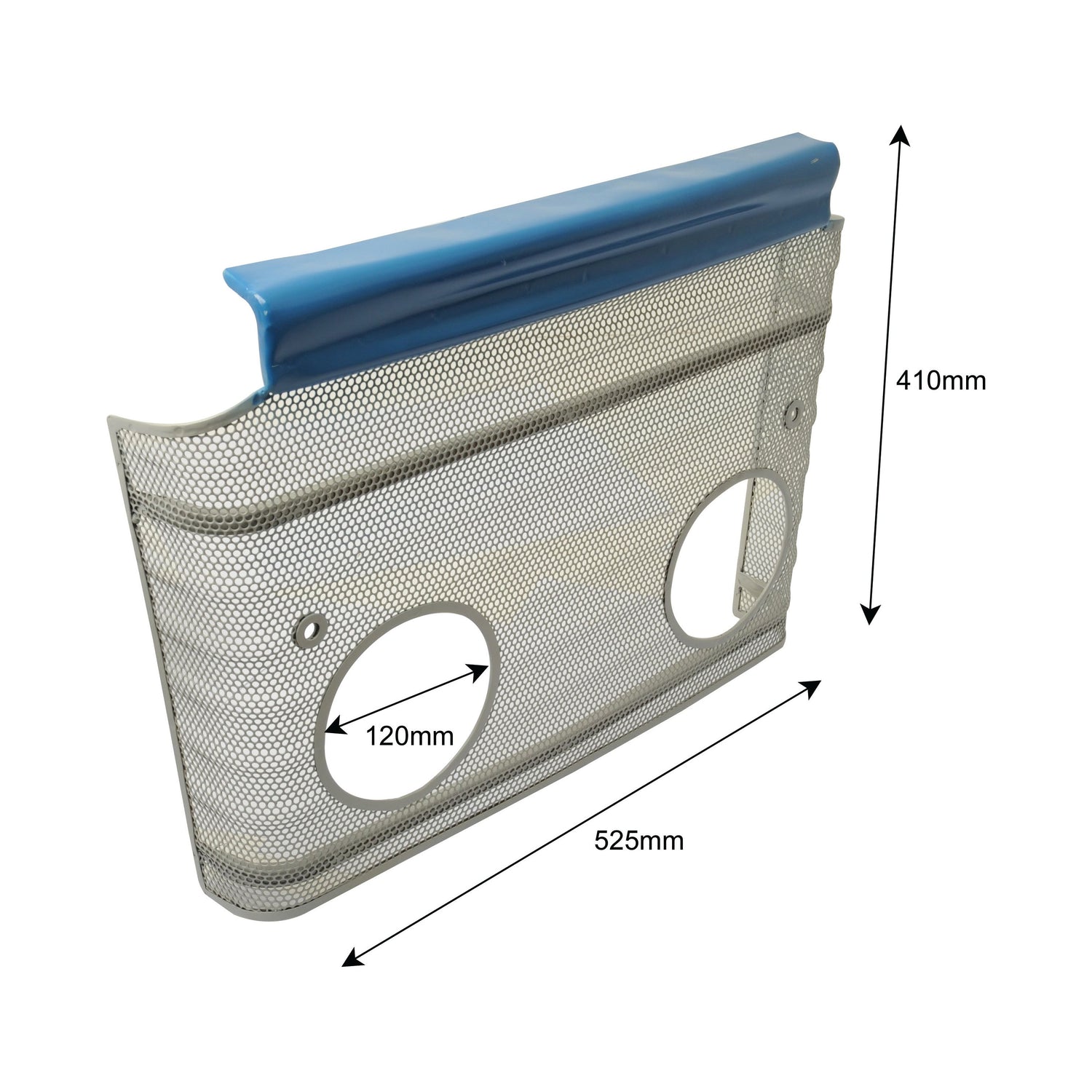 Introducing the Sparex Grille - Lower (Sparex Part No.S.68235) mesh sheet, designed for Ford New Holland applications. This product features a blue-edged top, two 120mm circular cutouts, and measures 410mm in height and 525mm in length.