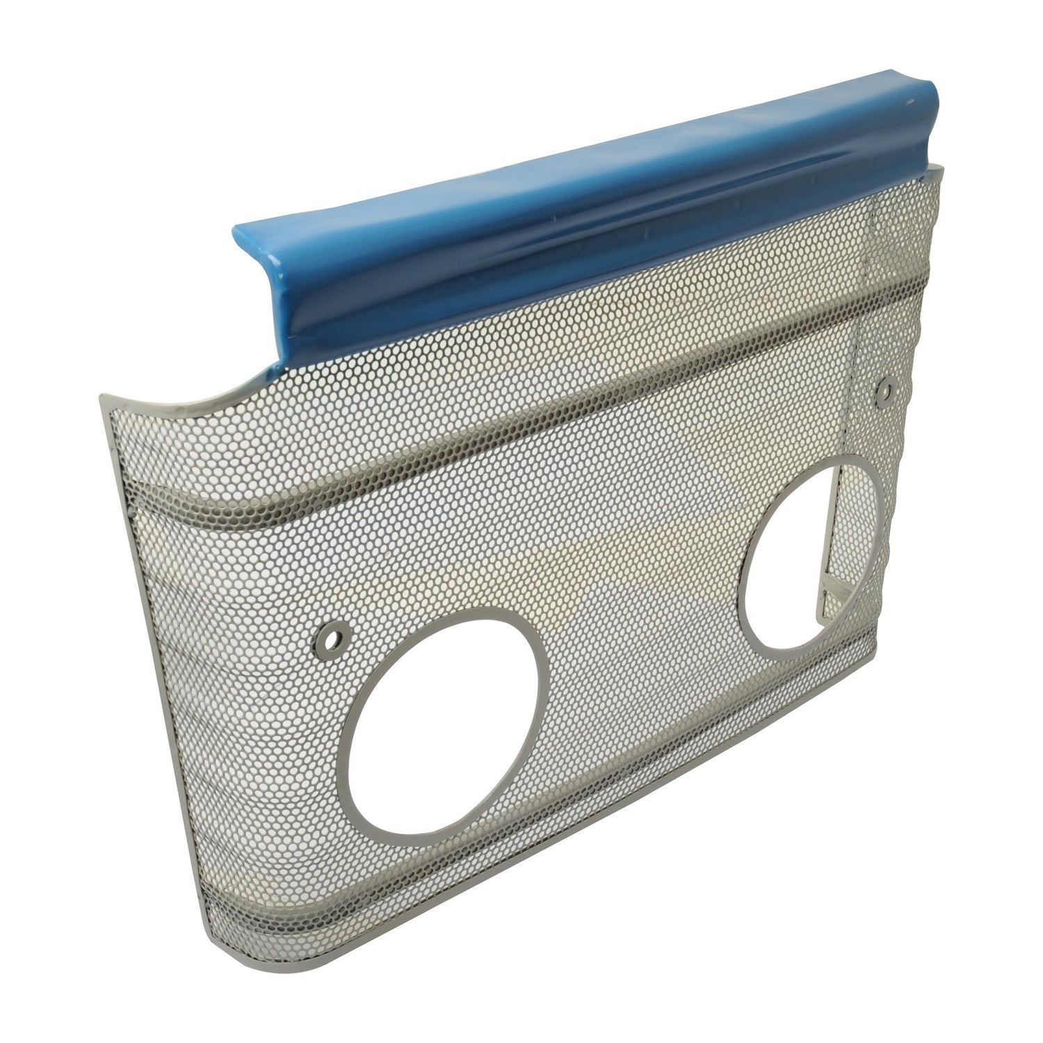 The Grille - Lower (Sparex Part No. S.68235) from Sparex features a metal mesh panel with two circular cutouts and a blue plastic edge, likely serving as a protective barrier or cover for a Ford New Holland machine component.