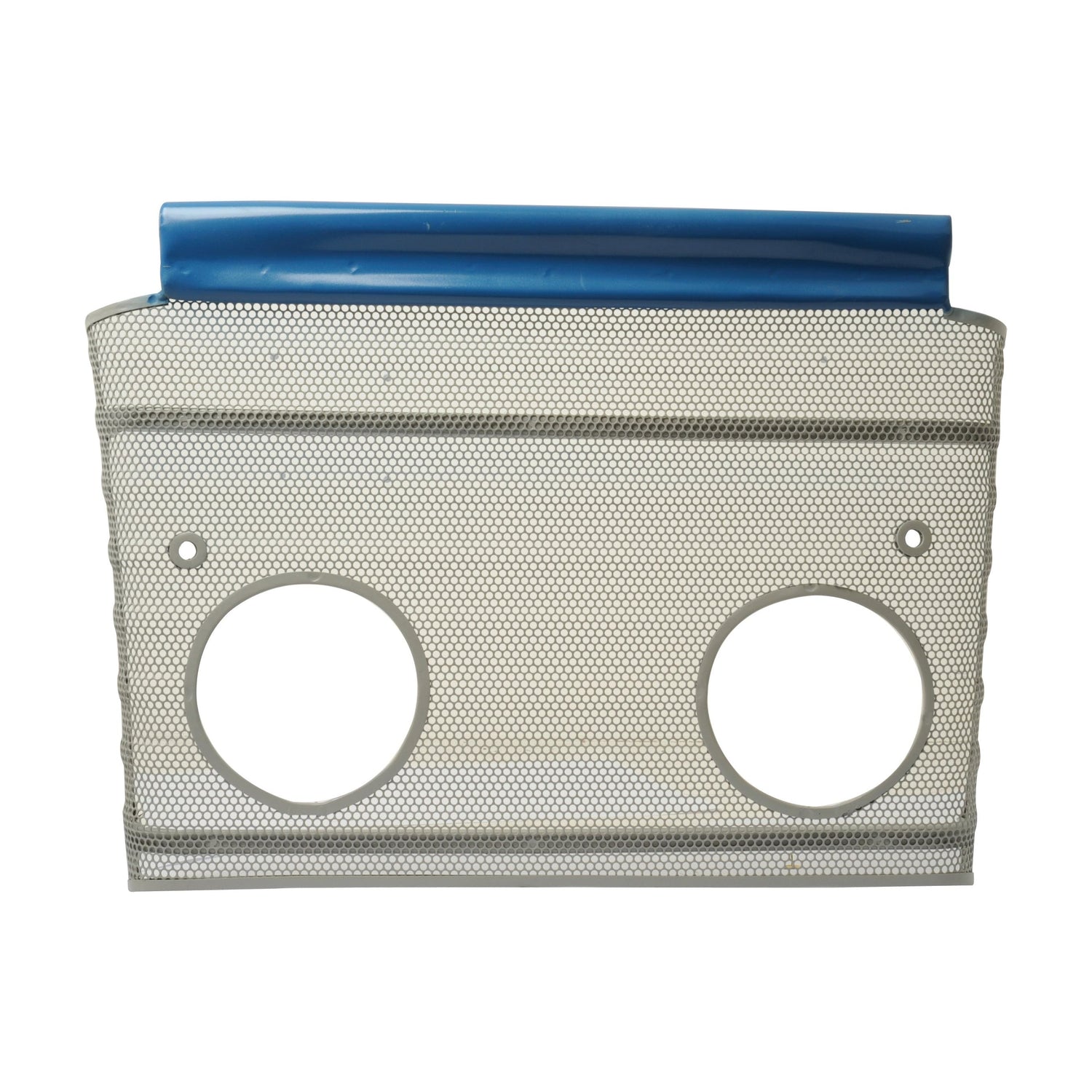 The Sparex Grille - Lower (Sparex Part No. S.68235) is a perforated metal panel featuring two circular holes, a blue top edge, and designed to match the aesthetic of Ford New Holland grilles.