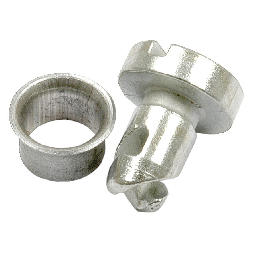 Two silver metallic mechanical components are shown. One is cylindrical with a flared edge, while the other resembles the Sparex Grille Retainer Stud (Part No. S.42871) for Massey Ferguson, featuring a threaded end with a notch and a small hole near the top.