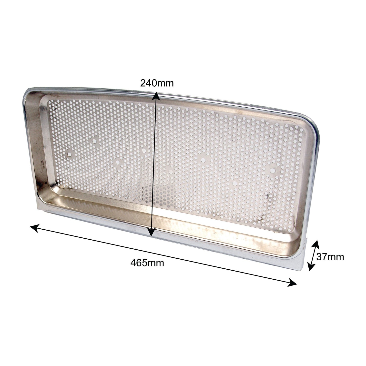 A rectangular metal tray with perforations, measuring 465mm in length, 240mm in width, and 37mm in height, featuring black arrows and measurements. This versatile component is compatible with Ford New Holland equipment and can also be used as a durable Sparex Grille - Upper (Sparex Part No. S.67733).