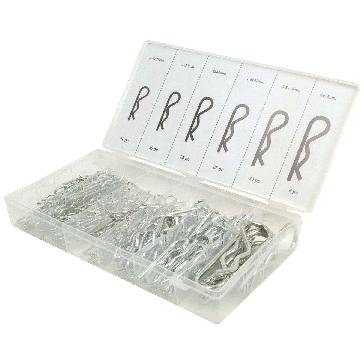 The Sparex Grip Clip - Single Wound plastic container features six compartments, each labeled with different sizes, and holds a variety of Grip Clips ranging from Ø2 to 4mm x 33 to 75mm, totaling 150 pieces.