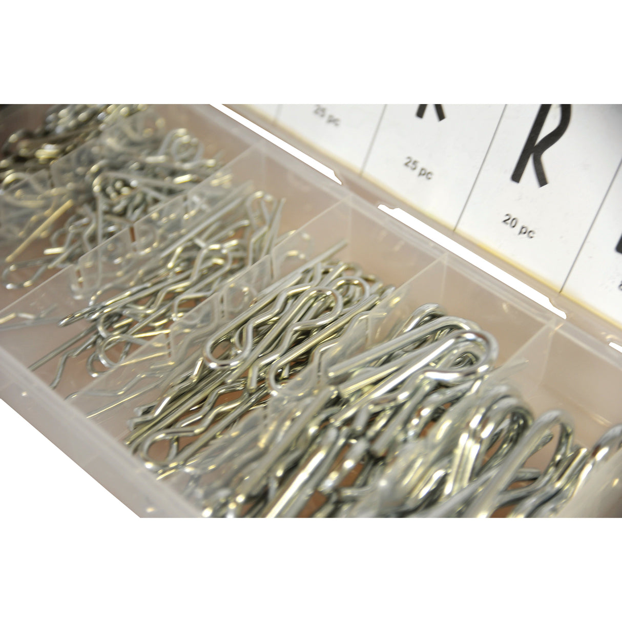 An Agripak plastic container with multiple compartments filled with various sizes of silver cotter pins and 150 pieces of Sparex Grip Clip - Single Wound, Clip Ø2 - 4mm x 33 - 75mm (Sparex Part No. S.29894).