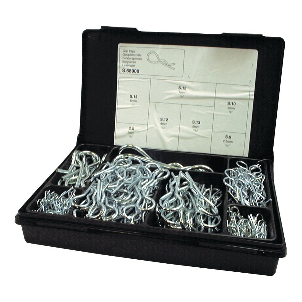 A black plastic box from Sparex containing various sizes of metal Grip Clips - Single Wound and Clip Ø2 - 7mm x 44 - 163mm (Sparex Part No. S.68000), complete with multiple compartments and a size chart attached to the lid.