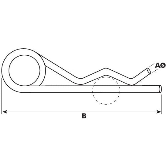 Technical drawing of the Sparex Grip Clip - Single Wound, Clip Ø3-4mm x 66-79mm (Sparex Part No. S.2255) with dimensions labeled: length (B) and wire diameter (A).