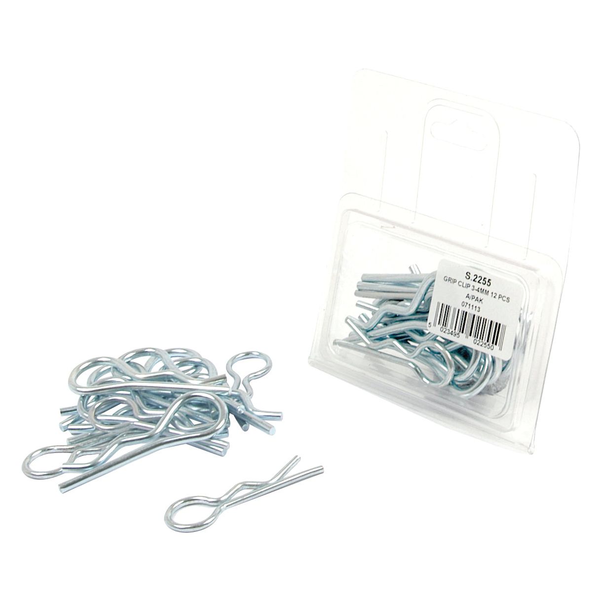 A pile of metal R-clips next to a partially opened plastic package containing more clips. The package, labeled "S. 2255 GRP: CLIPS, 12 PCS," features Grip Clip - Single Wound, Clip Ø3-4mm x 66-79mm from Sparex.
