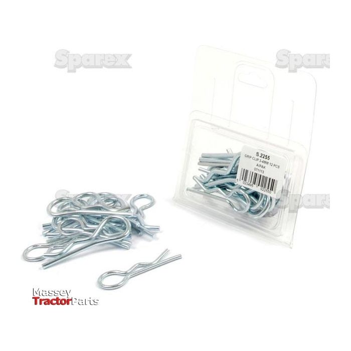 A pack of 25 Sparex Grip Clip - Single Wound silver hairpin cotter pins (Clip Ø3-4mm x 66-79mm | Sparex Part No. S.2255) is displayed next to a pile of loose cotter pins on a white surface. The packaging prominently features the brand name, Sparex.