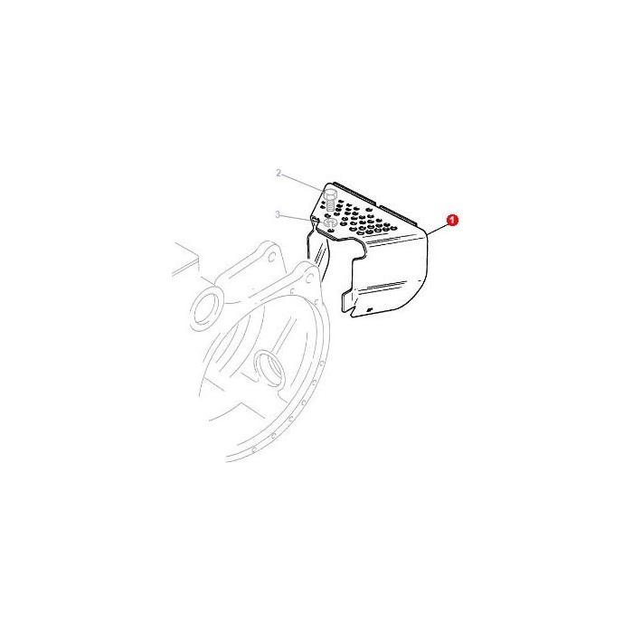 Illustration of the AGCO Massey Ferguson - Guard - 3597894M1 labeled with numbers, featuring a bracket with multiple holes and connected to a partially visible larger assembly, commonly found in Massey Ferguson 200 Series tractor parts.
