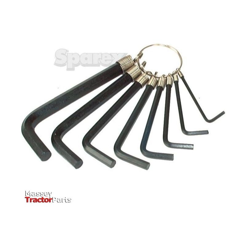 The HEXAGON KEY SET-IMPERIAL SIZES, Sparex Part No. S.743, features a set of black hex wrenches of varying sizes connected by a metal ring, arranged with the largest on the left and smallest on the right. The brand name "Sparex" is prominently displayed at the bottom left, highlighting this essential hex key set.