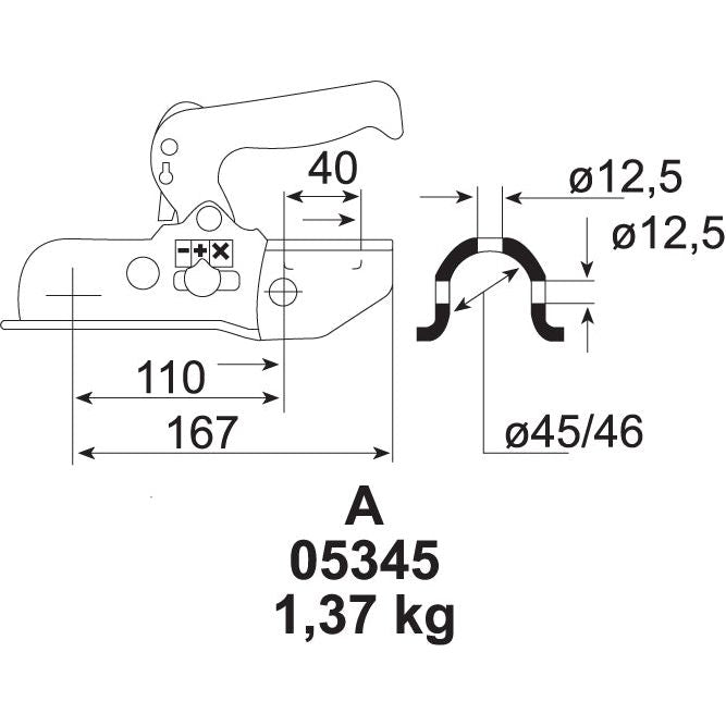 Diagram showing dimensions of the Hitch - Trailer (HD), a mechanical component with a handle from Sparex. Dimensions include 40mm, 110mm, 167mm, Ø12.5mm, and Ø45/46mm with a weight of 1.37 kg. The part number is S.21639 and it includes specifications for a maximum trailer weight with a 50mm ball size.