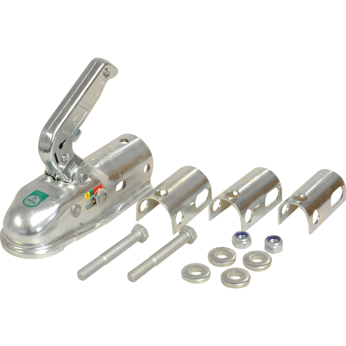 The HITCH - TRAILER (HD) from Sparex, part number S.21639, is a silver trailer coupler featuring a handle, three metal brackets, two bolts, four washers, and two nuts designed to fit a 50mm ball size securely.