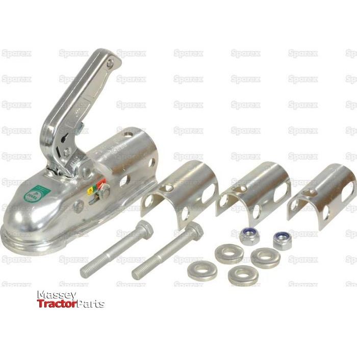 A HITCH - TRAILER (HD) featuring a 50mm ball size, along with attached components such as bolts, washers, and metal brackets, is displayed against a plain background with the Massey Tractor Parts logo. This Sparex product (Sparex Part No.S.21639) is suitable for maximum trailer weight applications.