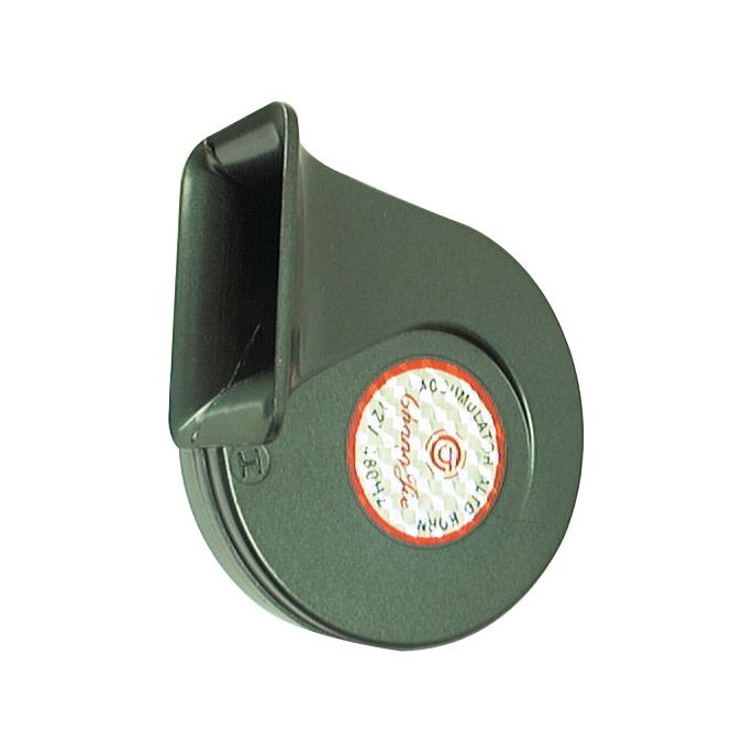 The Sparex Horn 12V, part no. S.26415, is a black car horn featuring a circular red and white label with text and logo, and it has a rectangular opening facing upward. It is an excellent addition to the Case IH accessory range or suitable for HORN-12V systems.