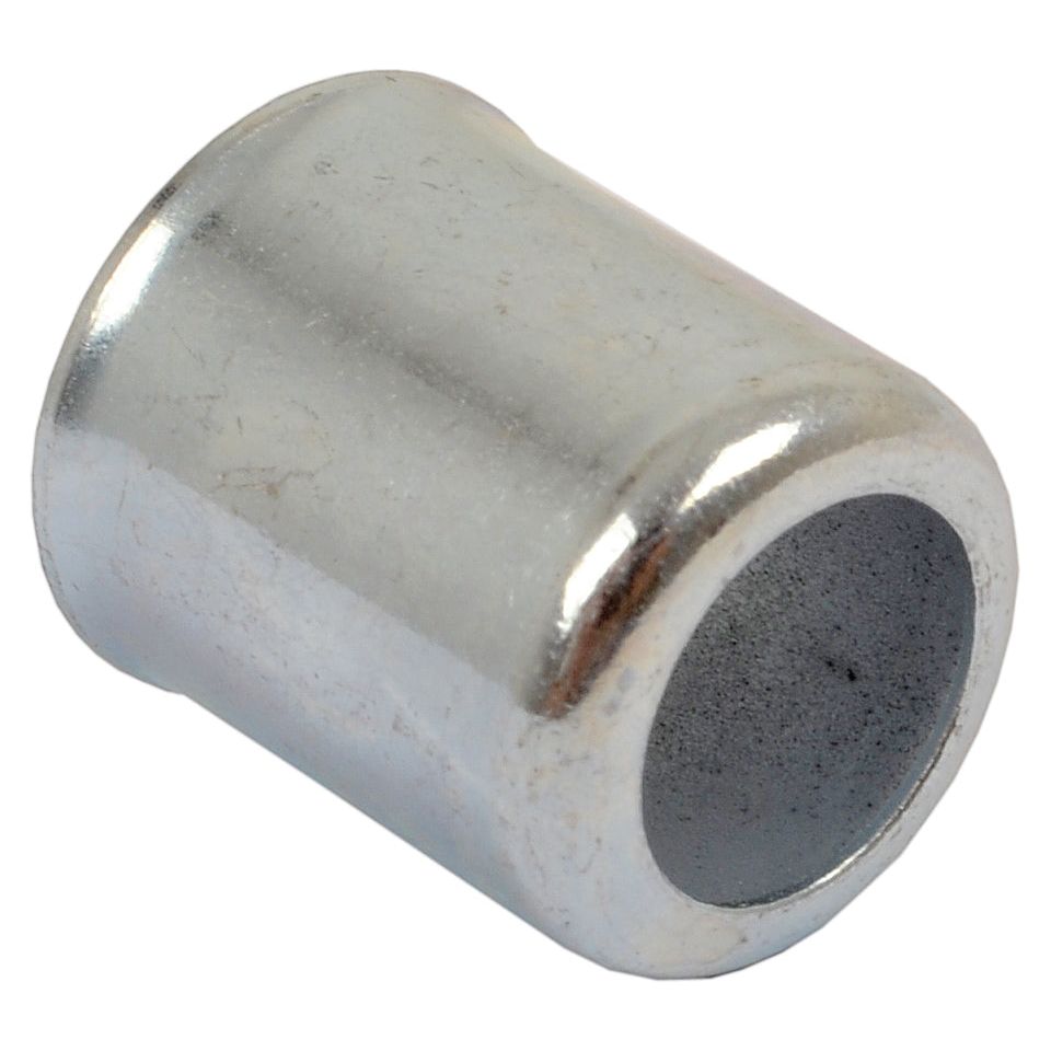 A close-up of the Ferrule 15.5 x 11.3mm DN08 - S.55164 by Sparex, showcasing its cylindrical metal design with an open end, engineered to fit seamlessly with oil/fuel resistant hoses.