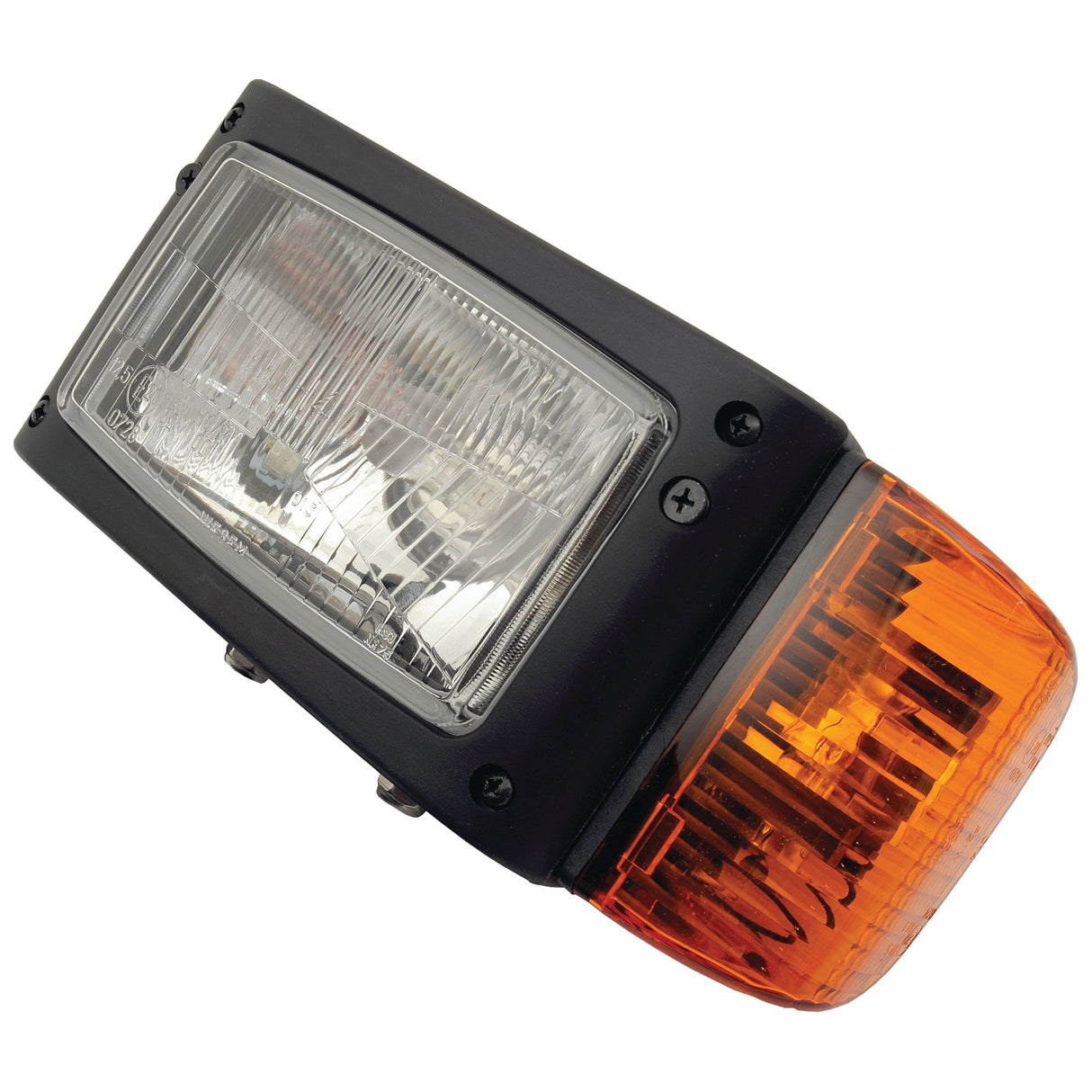 Introducing the Sparex Combination Head Light (Halogen), model S.790242, a 12/24V left-hand unit with a straight dip, featuring a rectangular clear lens on top and an orange lens on the bottom, all encased in a black housing with an IP55 rating.