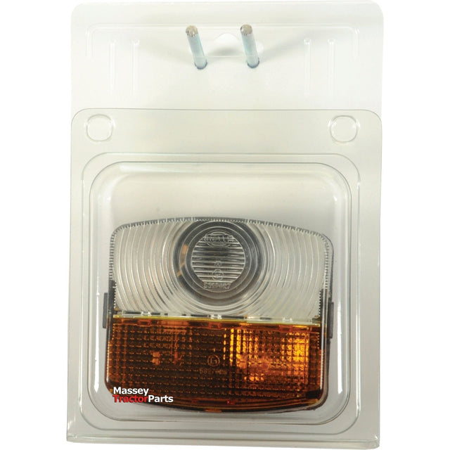 The Sparex Front Combination Light (Halogen), 12/24V, LH, Straight - S.29827 is a packaged Massey tractor part featuring a rectangular light assembly with clear and amber sections, built with durable housing material and equipped with a halogen light source.