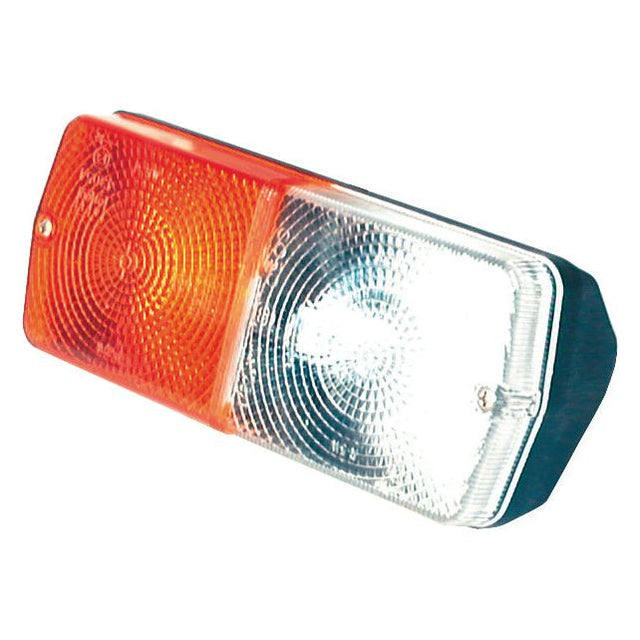 The Sparex Front Combination Light (Halogen), 12V, LH, Straight - S.56364 is a rectangular vehicle light featuring an amber section on the left and a clear section on the right, designed for optimal position/indicator functionality. It includes halogen bulbs for enhanced visibility and longevity.