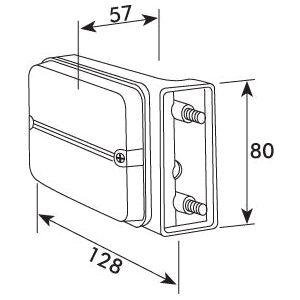 Here is a diagram of the Sparex Front Combination Light (Halogen), 12V, LH, Straight - S.56367, featuring a rectangular box with dimensions: 57mm depth, 80mm height, and 128mm width. The mounting holes are visible inside the open side of the box. It also includes an amber/clear lens for the halogen light source.