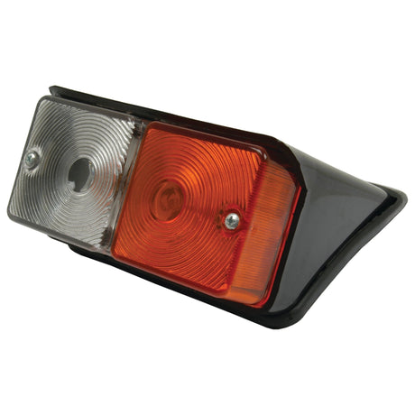 The Sparex Front Combination Light (Halogen), 12V, LH, Straight - S.66794 is a rectangular car light with two lenses, one clear and one orange, mounted on a black plastic casing made from durable materials.