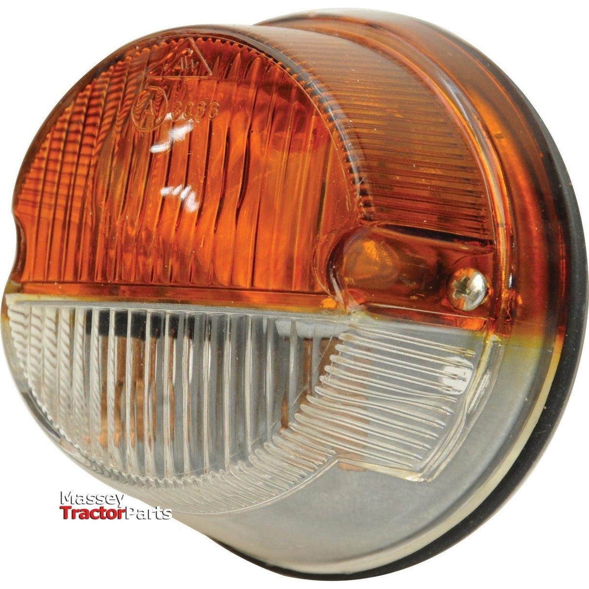 A close-up view of a round amber and clear lens front combination light assembly with a halogen light source for a Massey tractor, featuring the text "Massey Tractor Parts" in the bottom left corner. The product is identified as the Front Combination Light (Halogen), 12V, RH & LH, Straight - S.27108 by Sparex.