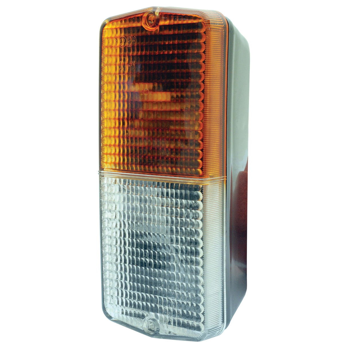 Close-up image of a Sparex Front Combination Light (Halogen), 12V, RH & LH, Straight - S.41134, featuring an approved rectangular design with an amber top section and a clear bottom section.