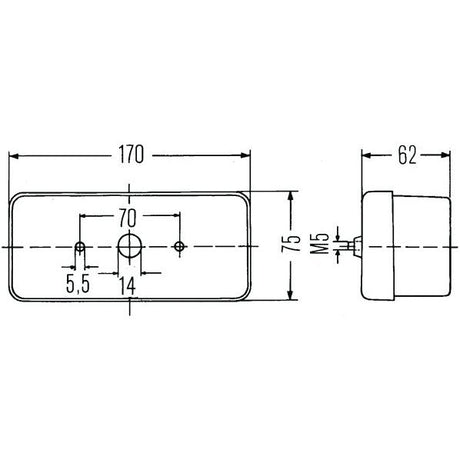Technical diagram showing dimensions of the Sparex Front Combination Light (Halogen), 12V, RH & LH, Straight - S.56128: 170 mm wide, 75 mm tall, with three holes spaced at 70 mm, 5.5 mm, and 14 mm. Side view shows depth of 62 mm with M5 screw detail and an Amber/Clear Lens option.