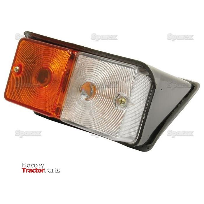 Close-up of a rectangular Halogen Front Combination Light (RH) with an amber lens on the left and a clear lens on the right, mounted on a black base. Text on the image includes "Sparex" and "Massey Tractor Parts." This position indicator, identified as S.66793, offers reliable performance.
