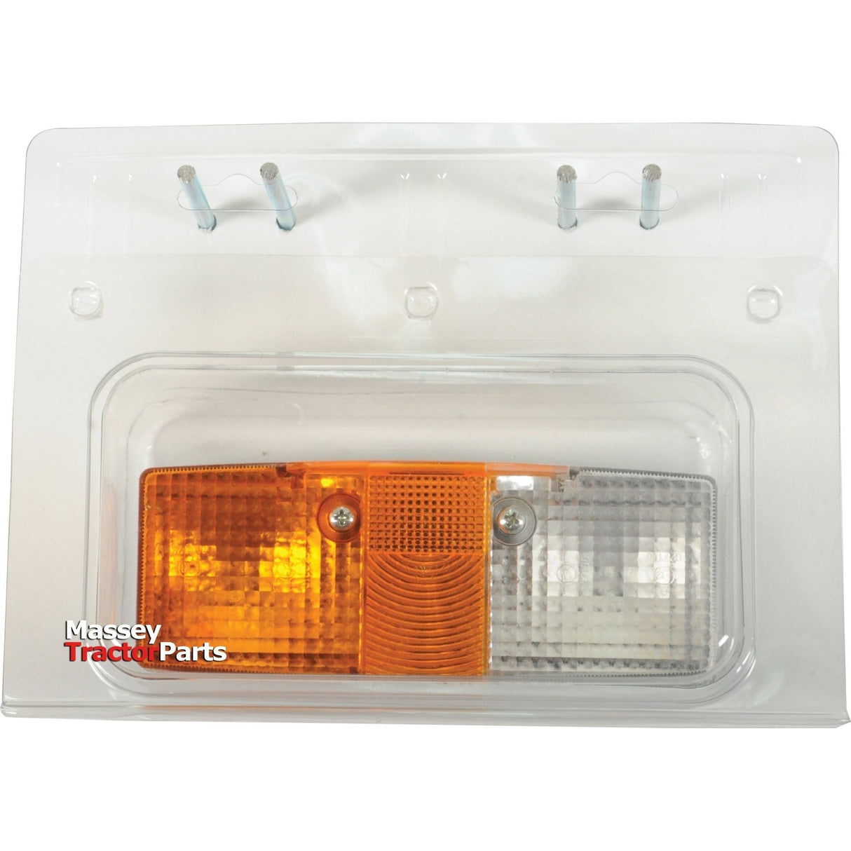 A Sparex Front Combination Light (Halogen), 12/24V, LH, Straight - S.23345 featuring an amber clear lens, packaged in a transparent plastic shell, labeled "Massey Tractor Parts.