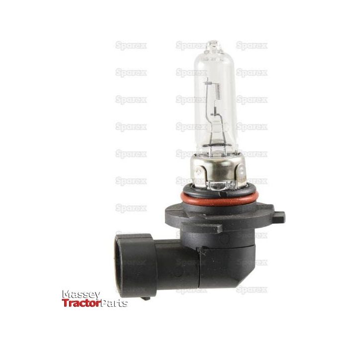 Image of a Light Bulb (Halogen) HB3A, 12V, 65W, P20d 90° with a black plastic base from Sparex, designed for vehicle lighting. The background shows the logo "Massey Tractor Parts". Ideal for John Deere tractors.
