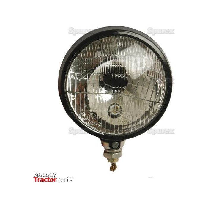 The Halogen Head Light RH & LH (RH Dip) - S.35552 by Sparex is a round tractor headlight with a clear lens and black frame, featuring "Massey Tractor Parts" in red and black text at the bottom left corner. It is equipped with a halogen bulb for brighter illumination.