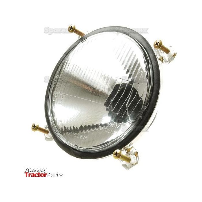 A headlight featuring a transparent lens and metal fixtures, labeled "Sparex" at the bottom. Compatible with RH & LH fitment, the "Head Light, (Halogen), RH & LH, RH Dip, 12V - S.42800" offers a bright halogen bulb for enhanced visibility.