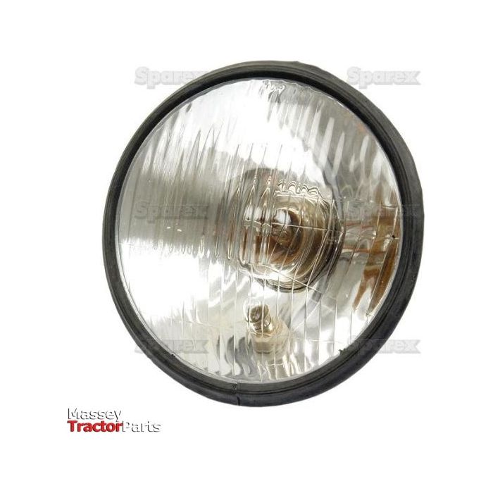 Here is a rewriten version of your sentence using the given product data: 
A round 12V headlight with a ribbed lens and black rubber casing from Sparex, featuring Halogen technology, compatible for both RH & LH applications.