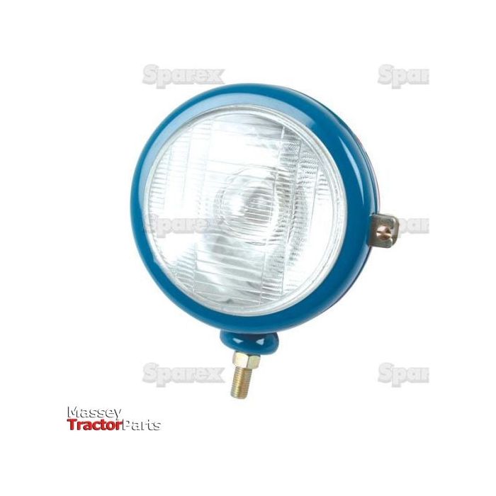 Introducing the Head Light, (Halogen), LH, Straight, 12V - S.66732 by Sparex: This round tractor headlight comes with a blue casing and a clear lens, complete with a mounting bracket. This 12V halogen light is designed with watermarks of "Sparex" in the background and prominently features the red "Massey Tractor Parts" logo.