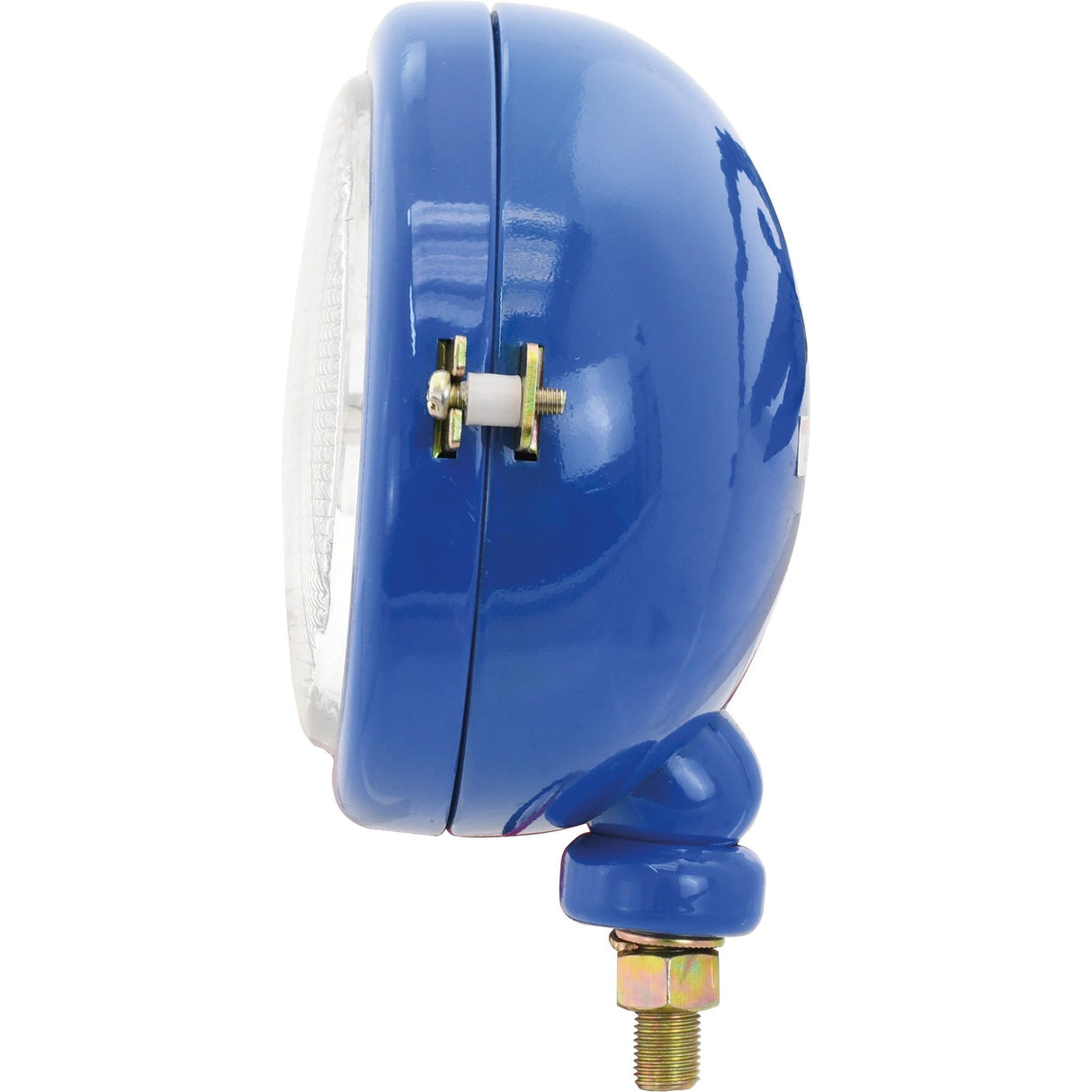 Side view of the Sparex Head Light (Halogen), LH, Straight, 12V - S.66732, featuring a blue metal dome shape with a mounting bolt at the base and a white switch on the side.