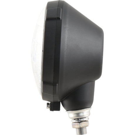 Side view of the Sparex Halogen Head Light RH & LH (RH Dip) - S.35552, featuring a black, industrial-style design with a clear circular lens and a threaded mounting bolt at the base. This IP55-rated light is built for durability and reliability.