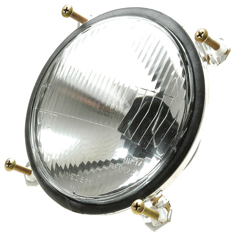 Close-up of a round car headlight with brass screws and a black rubber edge, featuring the Sparex Head Light (Halogen), RH & LH fitting, RH Dip, 12V - S.42800 model.