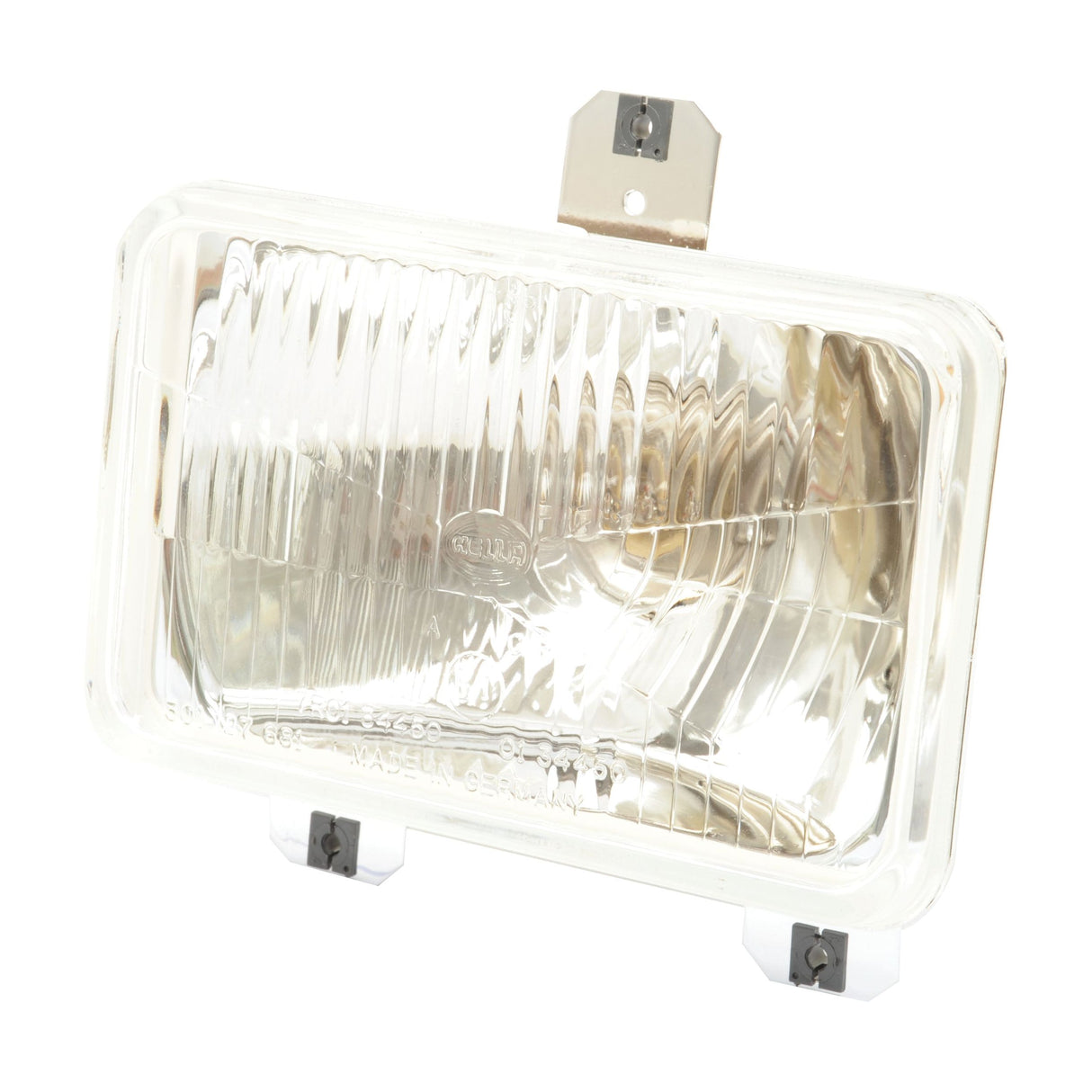 The Sparex Head Light, (Halogen), RH & LH, RH Dip, 12V - S.43907 features a rectangular, clear glass construction with vertical ridges and a metal mounting bracket attached at the top. It includes two black screws at the bottom for easy installation and is rated IP65 for waterproof and dustproof performance.