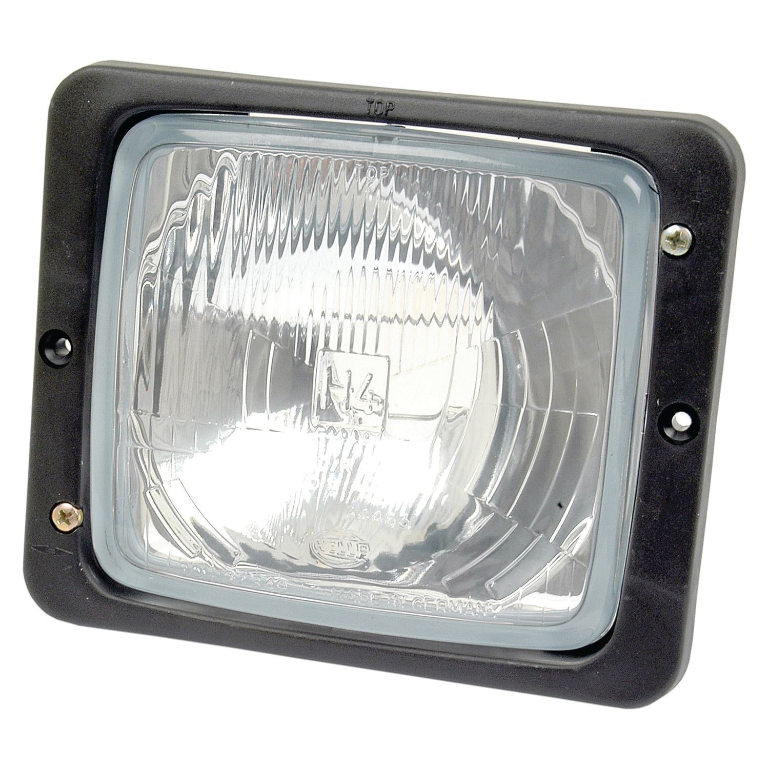 Close-up of a square Sparex Head Light (Halogen) RH & LH, RH Dip, 12/24V - S.56021 with a clear lens and black frame, showcasing an intricate reflector design inside. Featuring a Hella Bulb for superior illumination, two screws are visible on the sides of the frame.