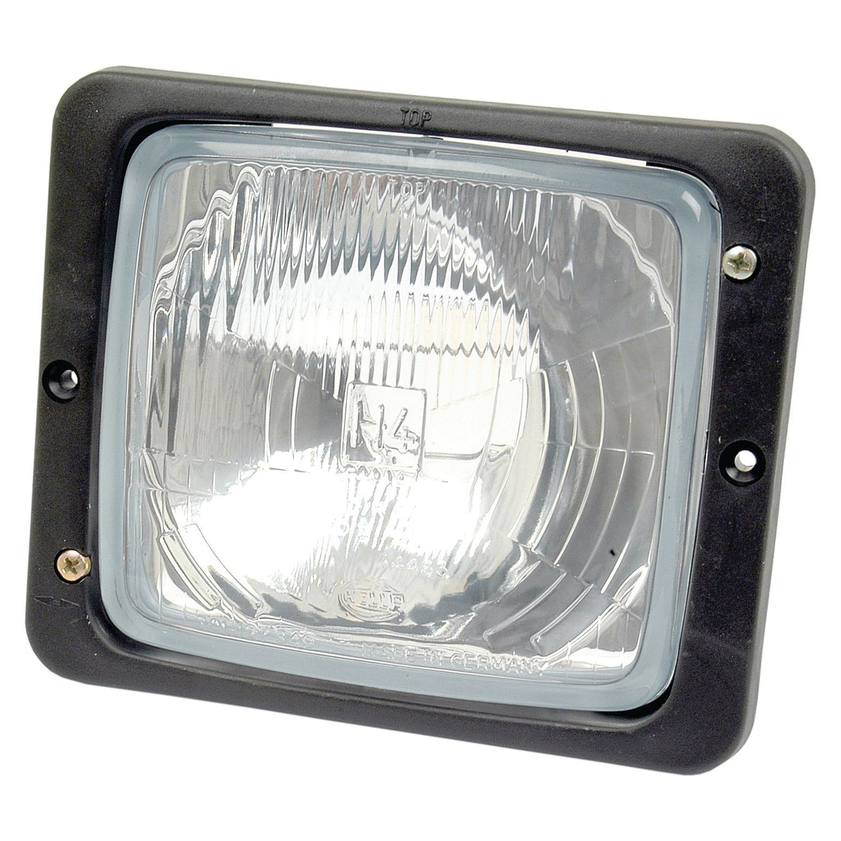 Close-up of a square Sparex Head Light (Halogen) RH & LH, RH Dip, 12/24V - S.56021 with a clear lens and black frame, showcasing an intricate reflector design inside. Featuring a Hella Bulb for superior illumination, two screws are visible on the sides of the frame.