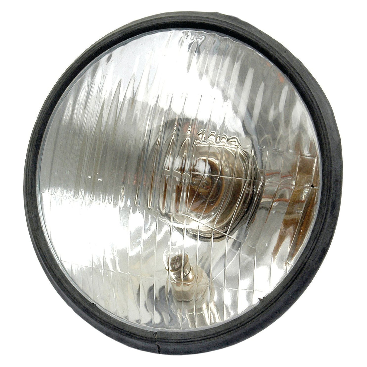 The Sparex S.62265 Head Light features a round design with a reflective interior and houses a 12V halogen bulb at its center, all encased in a sleek black rim.